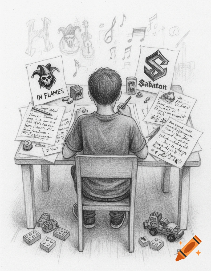 Pencil sketch of a teenage boy sitting at a desk from behind, surrounded by papers with band logos and notes, and toys on the floor.