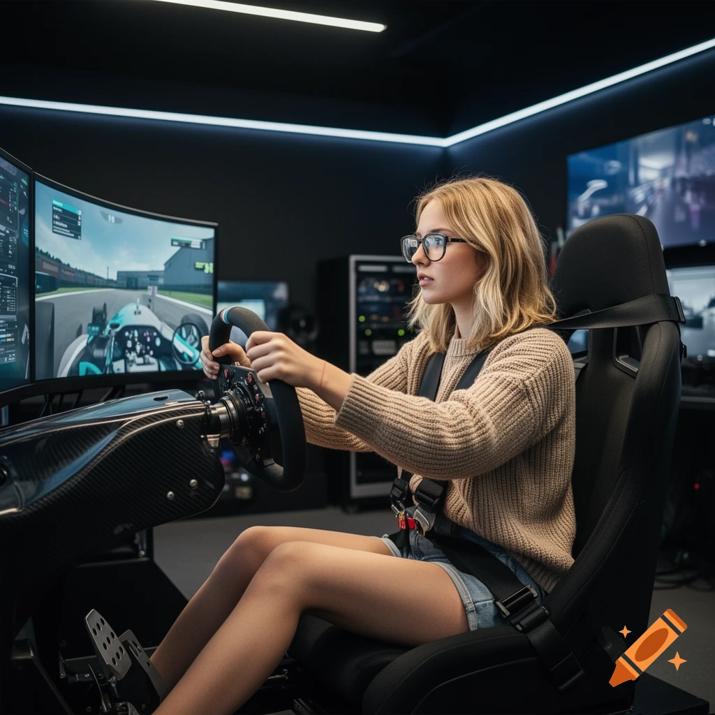 A blonde woman wearing glasses and a sweater sits in a Formula 1 racing simulator, holding the steering wheel in a modern room.