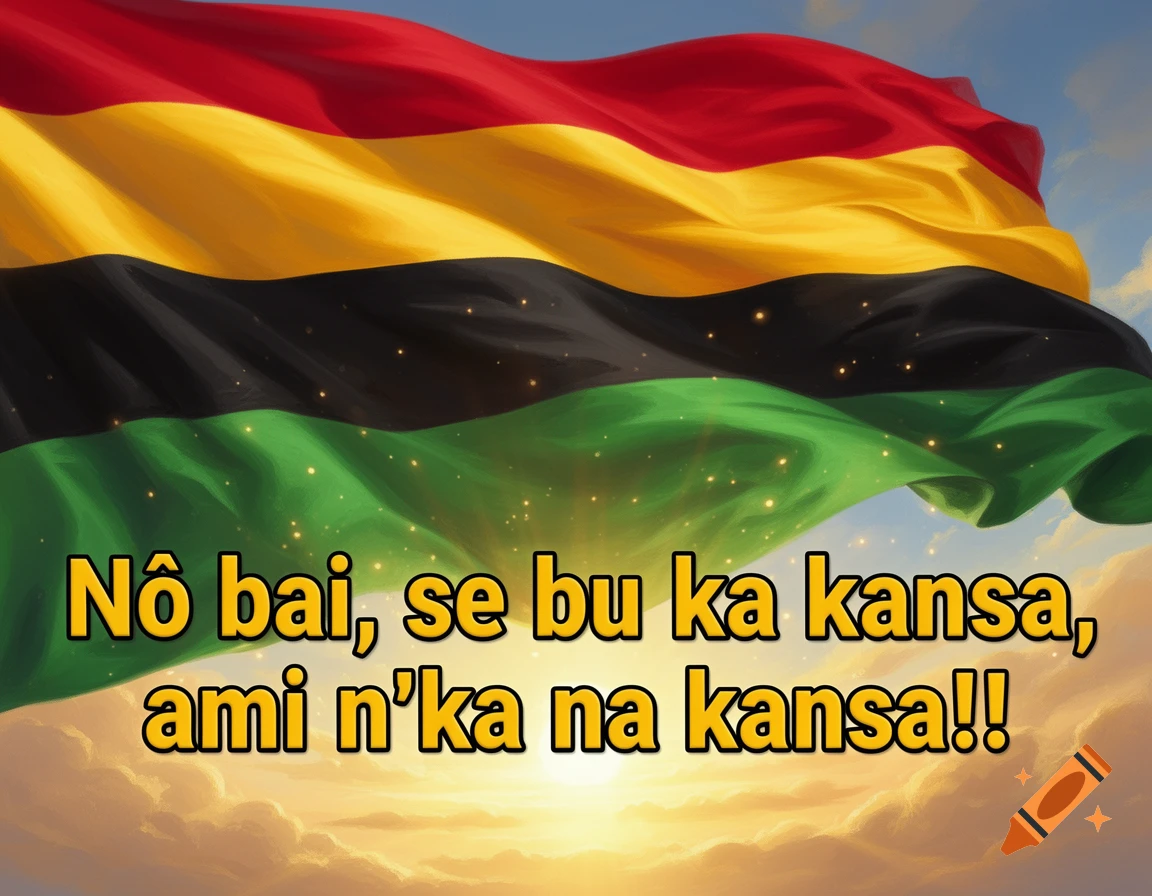 An illustrated Guinea-Bissau flag waving against a cloudy sky with sunset, featuring bold text reading Nô bai, se bu ka kansa, ami n'ka na kansa!!