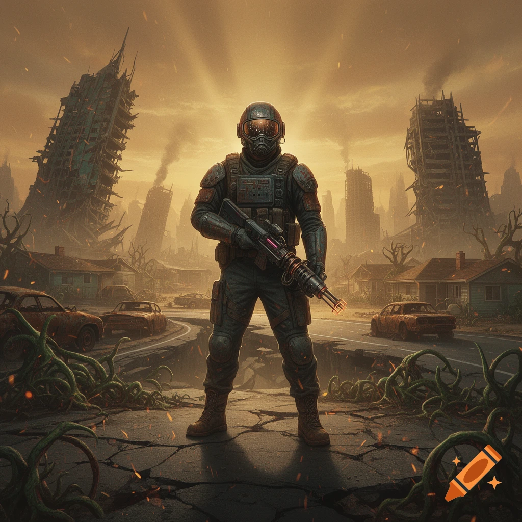 A heavily armored soldier holding a rifle stands in the middle of a ruined, post-apocalyptic city street with destroyed buildings and overgrown vines.