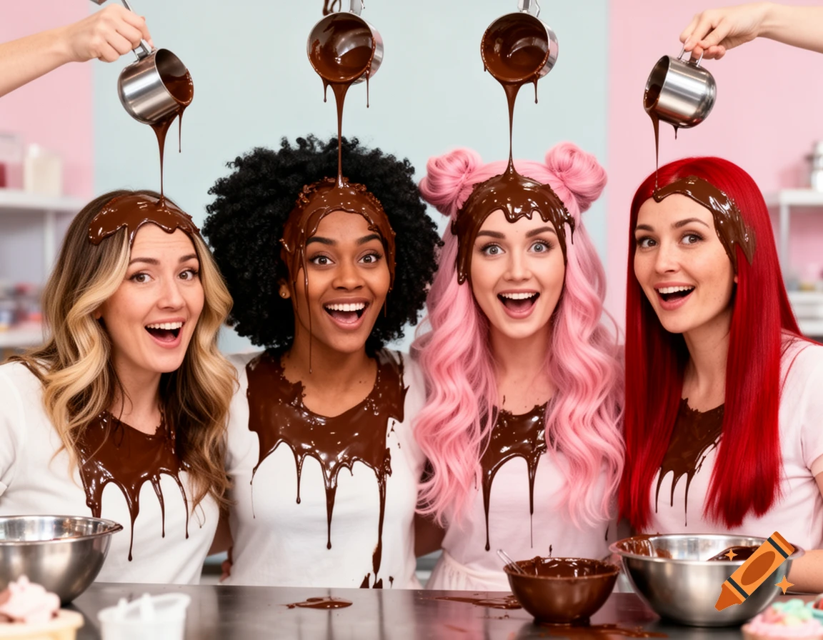 Four diverse women smiling while melted chocolate is poured onto their hair in a kitchen setting, photorealistic.