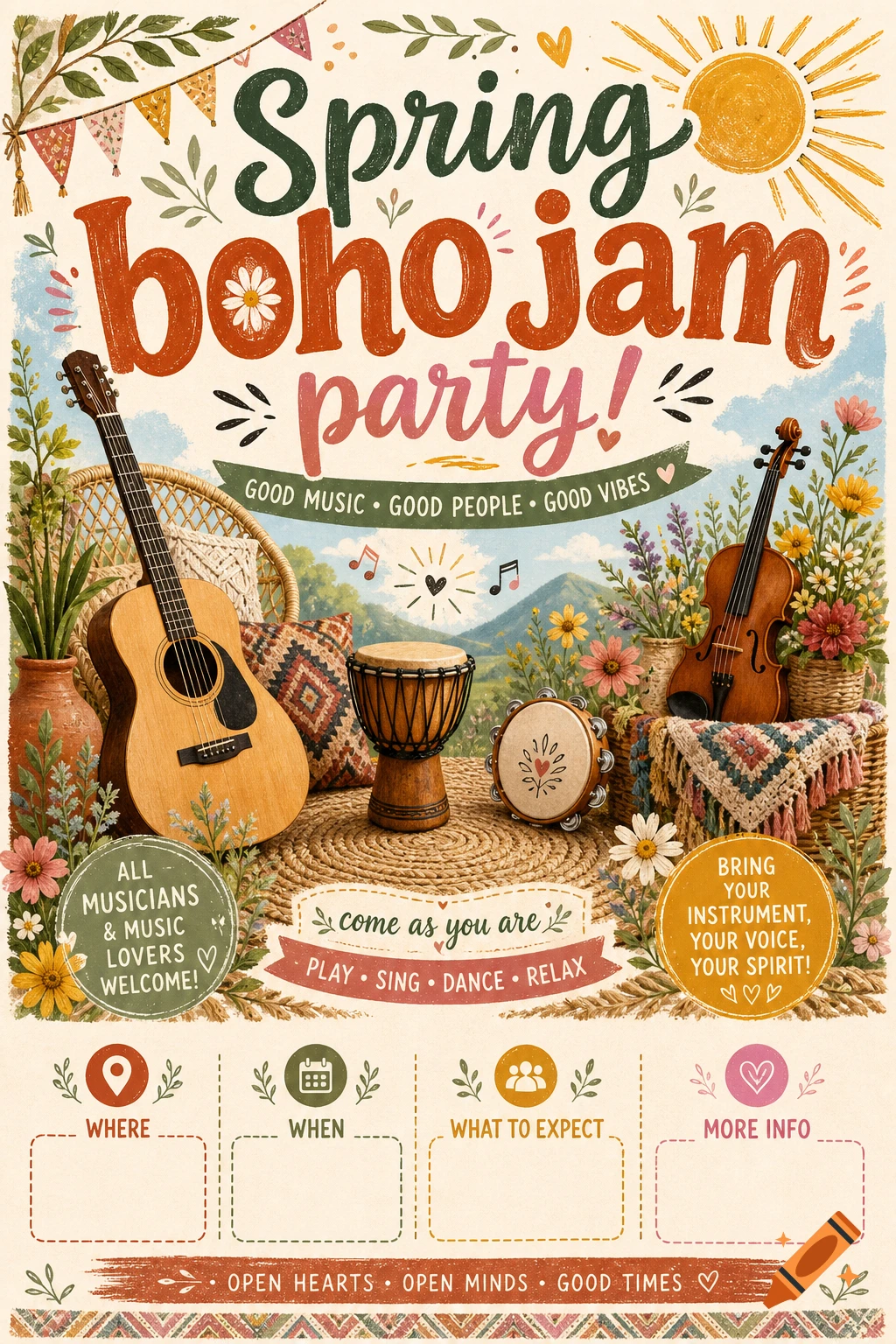 Vintage boho spring jam party poster featuring acoustic guitar, violin, drum, and floral decorations.