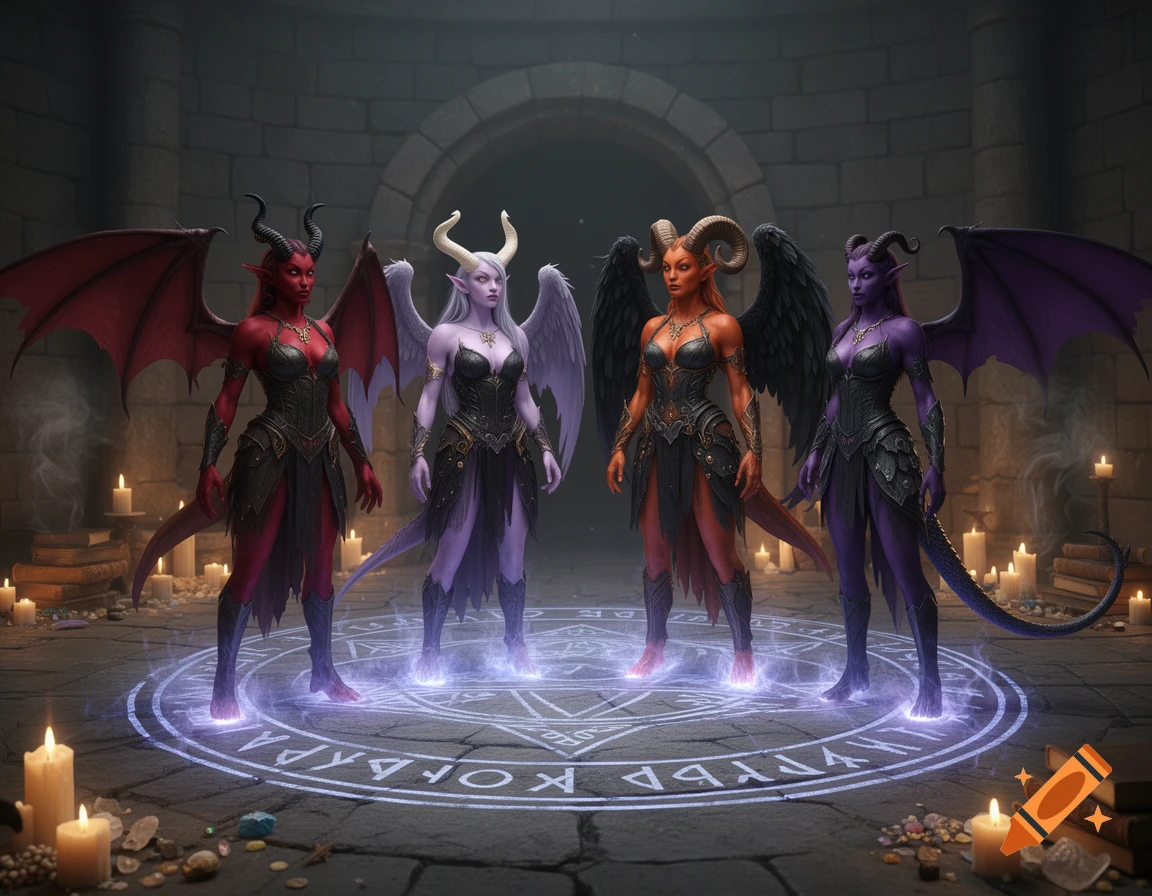 Four female succubus demons with different horns and wings standing in a summoning circle in a stone dungeon.