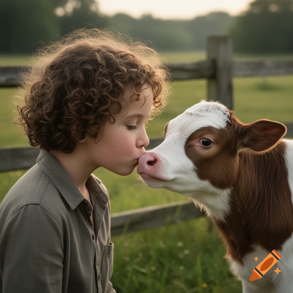Photorealistic image of a young child with curly brown hair kissing a brown and white calf on the nose in a grassy field.