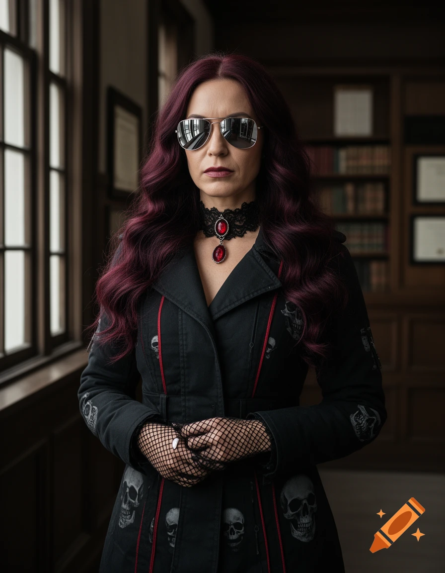 Photorealistic portrait of a woman with dark burgundy hair, silver aviators, gothic black jacket with skulls, and fishnet gloves.