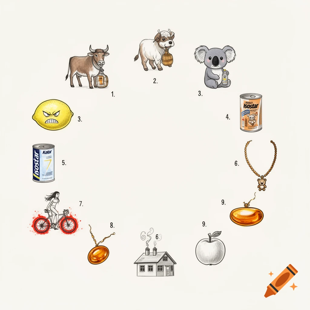 Circular arrangement of nine sketched mini-illustrations featuring animals, food, and objects in a simple line art style.