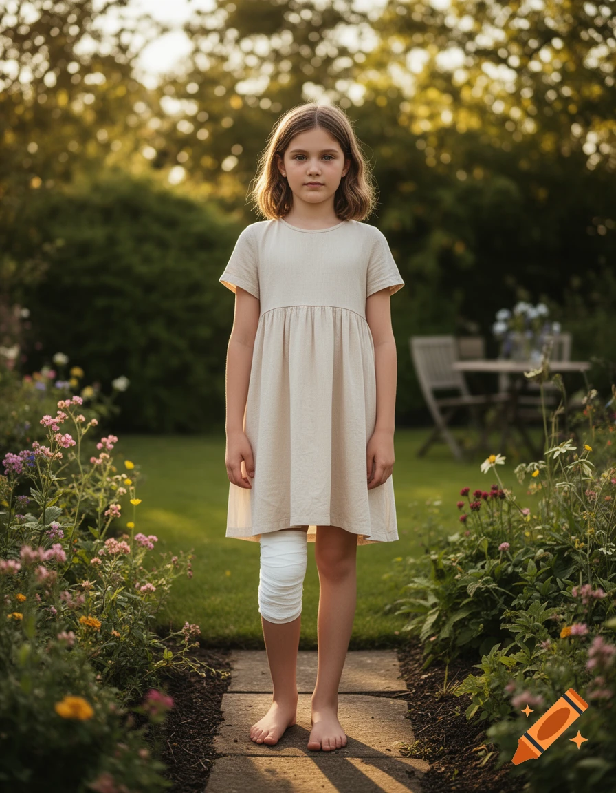 Photorealistic full-length portrait of a 12-year-old girl in a beige summer dress standing barefoot on a stone path in a garden, with a white bandage wrapped around her knee.