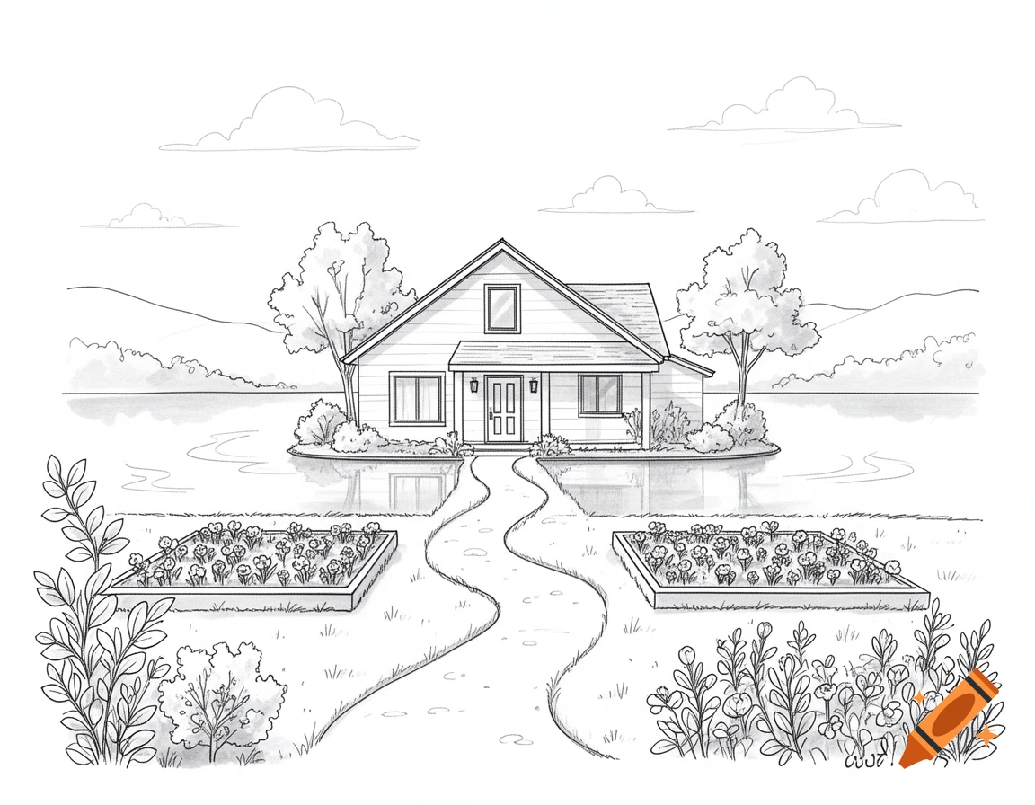 Black and white simple drawing of a house on a lake with a winding pathway through flower beds.