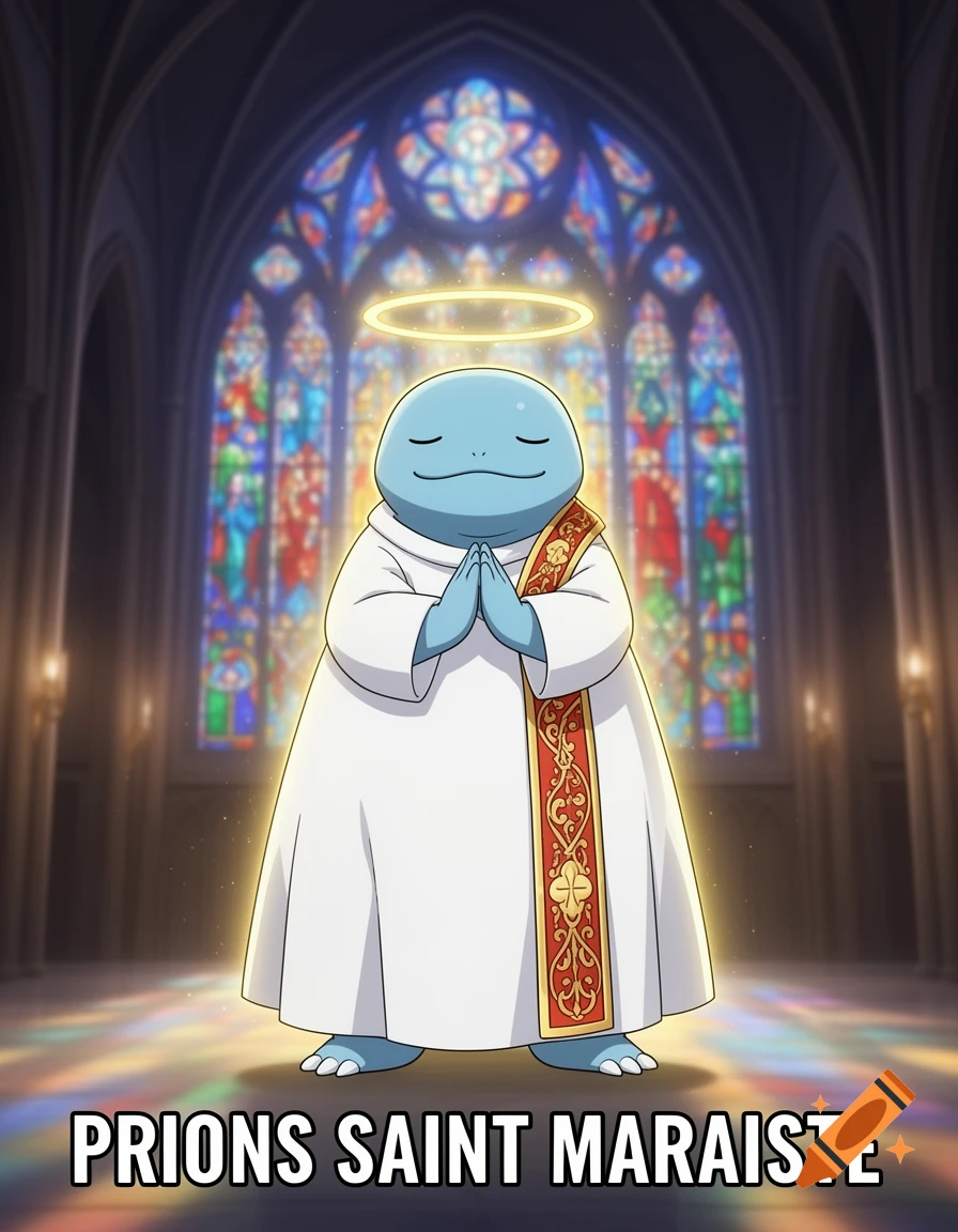An anime-style digital illustration of Quagsire dressed as a holy apostle with a glowing halo in a cathedral, with the text 'PRIONS SAINT MARAISTE'.