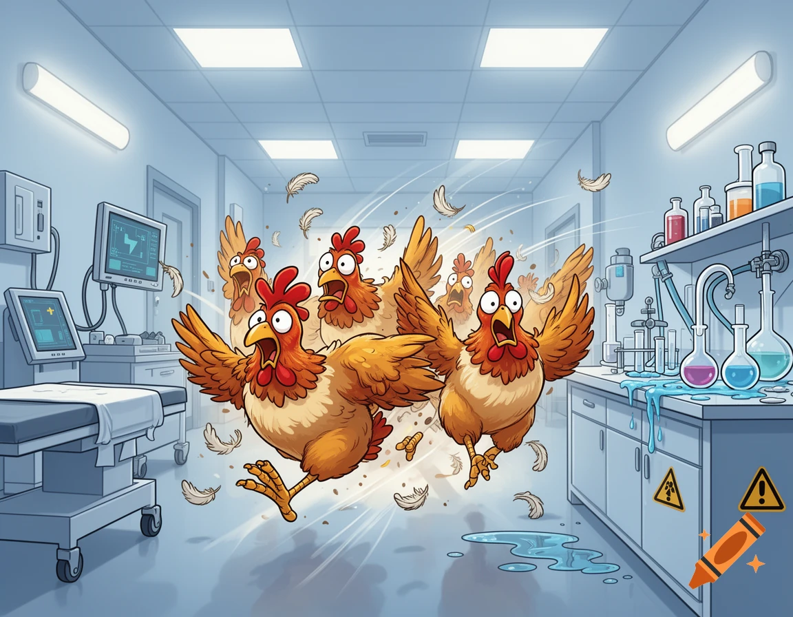 Cartoon style illustration of panicked chickens running through a hospital emergency room with a leaking wet chemistry bench.