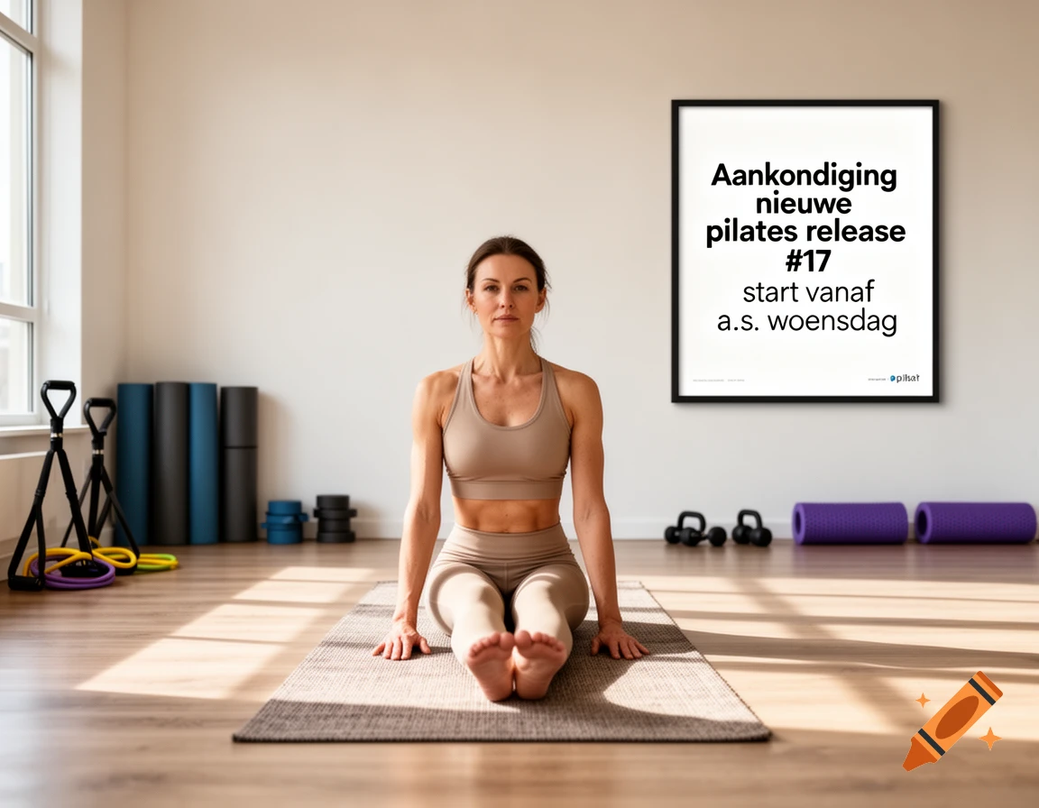 Photorealistic image of a woman sitting on a yoga mat in a gym, with a framed poster on the wall featuring Dutch text.