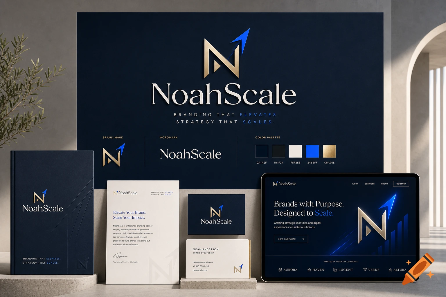 Photorealistic branding mockup featuring the NoahScale logo, business cards, a notebook, and a digital tablet on a dark background.