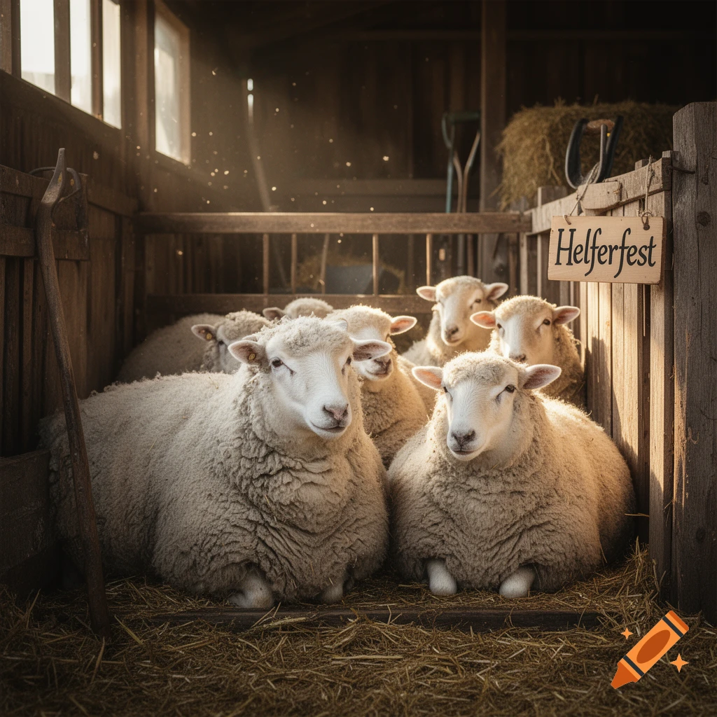 Photorealistic image of several sheep resting on hay inside a wooden barn, with a sign reading Helferfest.