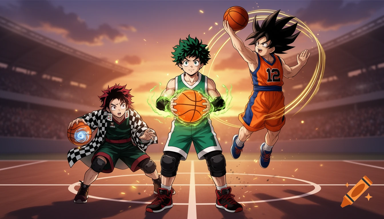 Anime style illustration of Deku, Tanjiro Kamado, and Goku playing basketball in a stadium.