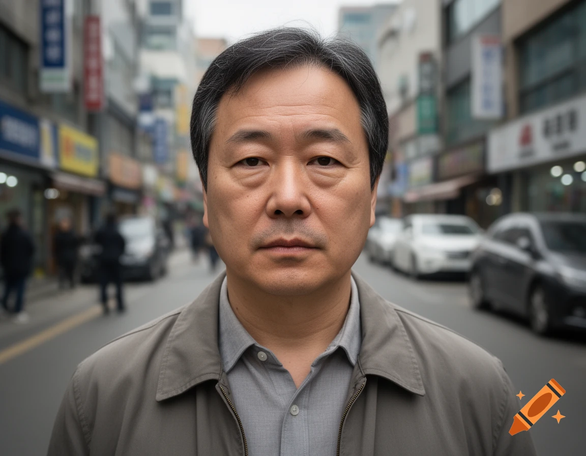 Photorealistic medium shot of a middle-aged Asian man with grey-streaked hair standing on a blurred city street.