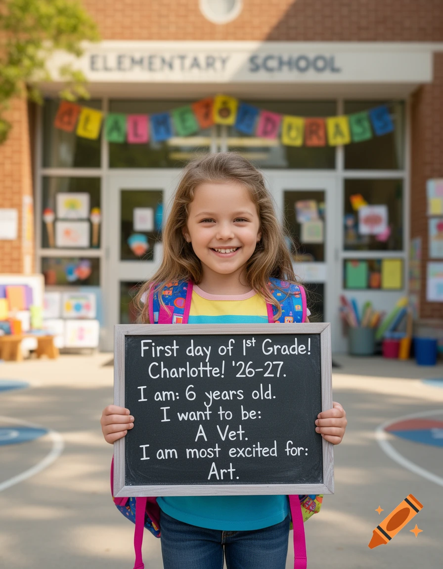 Photorealistic image of a young smiling girl holding a chalkboard sign in front of an elementary school.