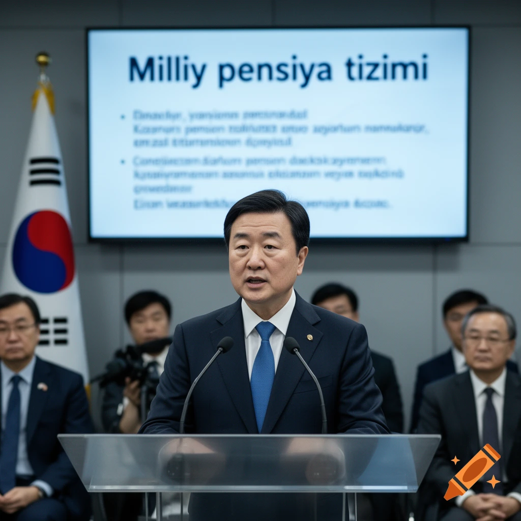 Photorealistic image of a politician speaking at a podium with a screen showing text in the background and audience members.