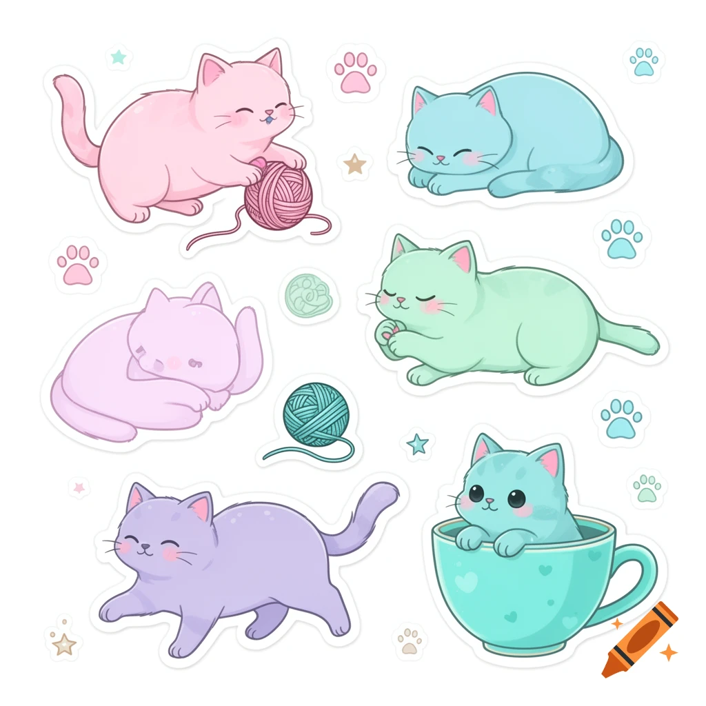 Kawaii pastel sticker sheet featuring cute cats playing with yarn, sleeping, and peeking out of a teacup on a white background.