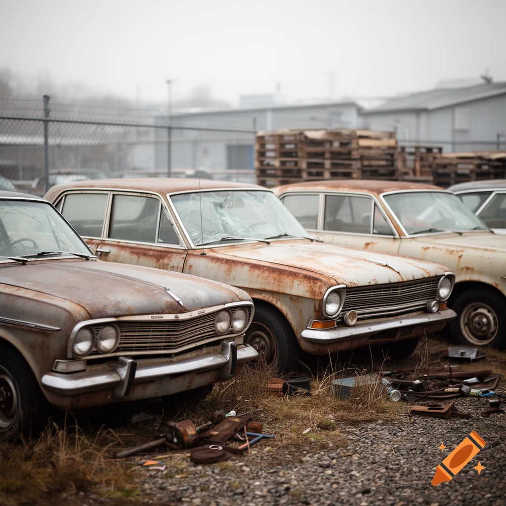 Photorealistic image of several old, rusty cars parked in a gravel lot on a foggy day.