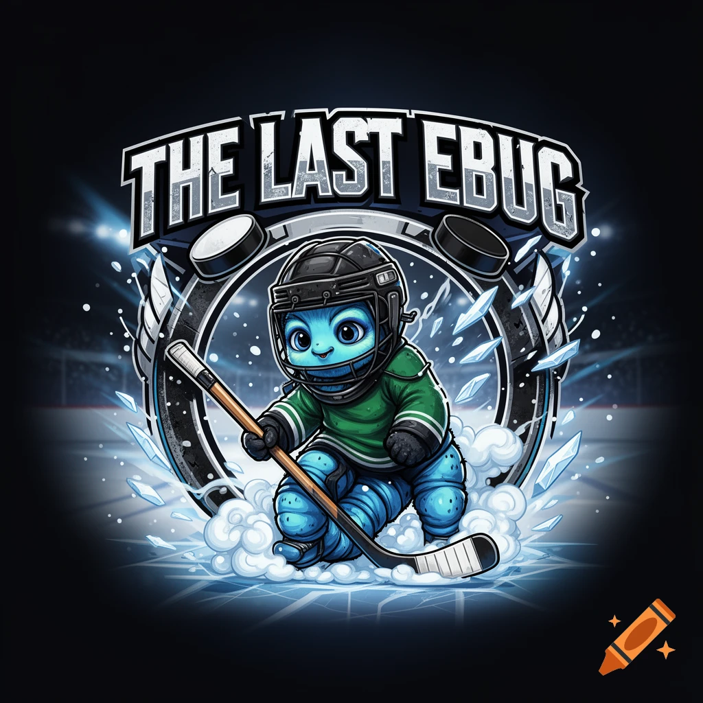 Digital illustration of a blue cartoon caterpillar wearing a hockey helmet and jersey, holding a stick with text 'THE LAST EBUG' above.