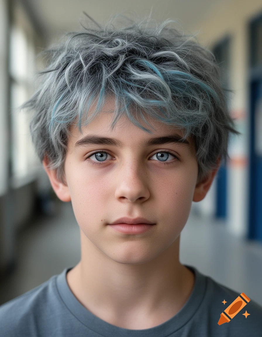 Photorealistic portrait of a 14-year-old boy with messy gray hair, blue streaks, and striking blue-gray eyes.
