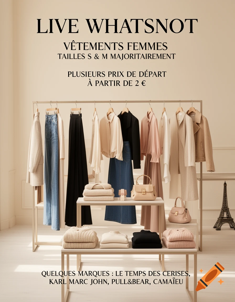 Promotional poster for women's clothing live sale featuring a clothing rack with garments and accessories in a chic interior.