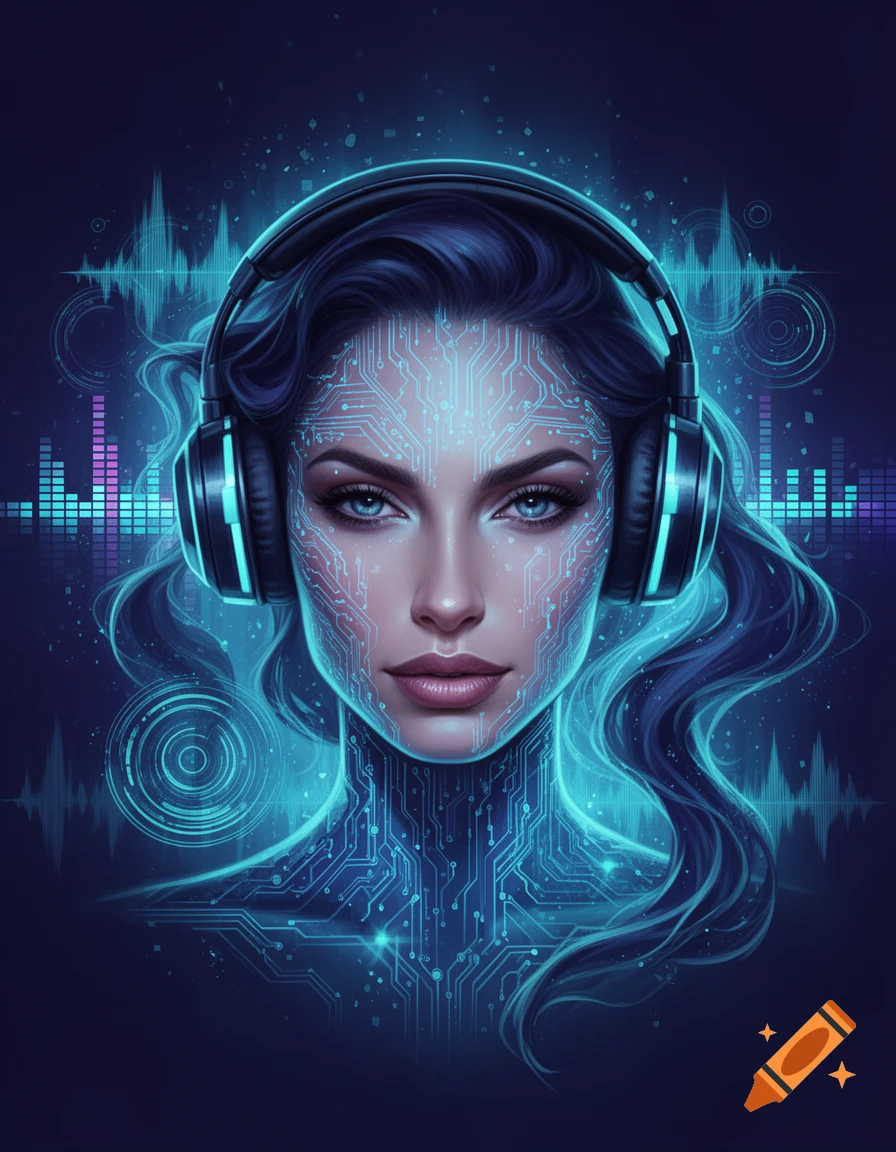 Digital portrait of a woman with blue circuitry patterns on her face and neck, wearing glowing over-ear headphones.