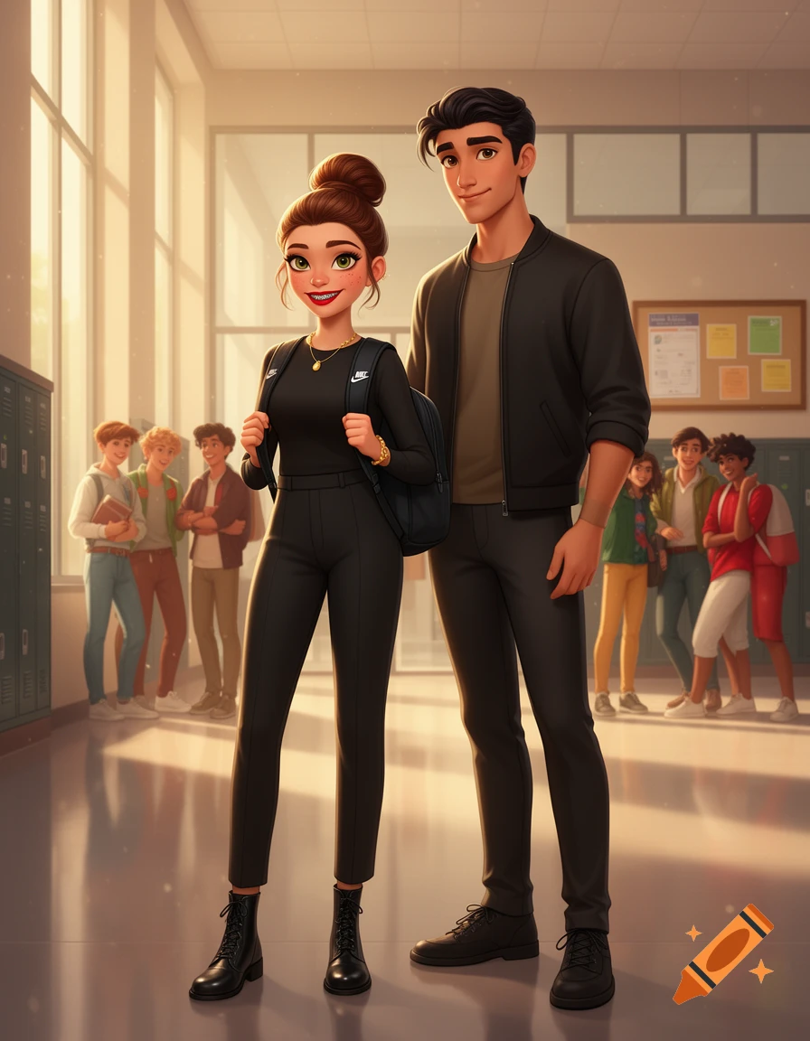 Digital illustration of a stylish young couple standing in a school hallway with other students in the background.