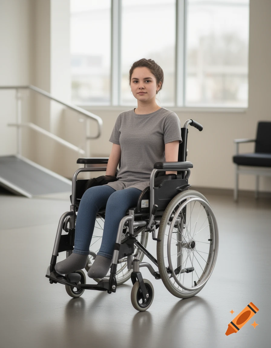 Photorealistic image of a young woman in a wheelchair, sitting in a bright corridor.