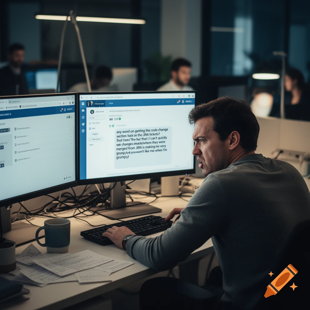 An annoyed office worker looking at a computer monitor displaying garbled text in a modern workspace.