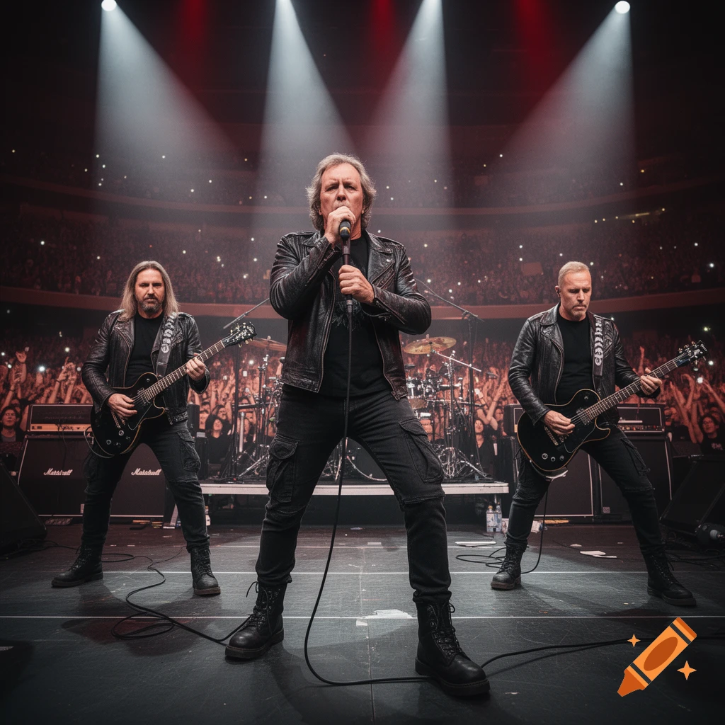 Photorealistic live concert photo of a dad-rock prog-metal band performing on stage in all black outfits under bright spotlights.