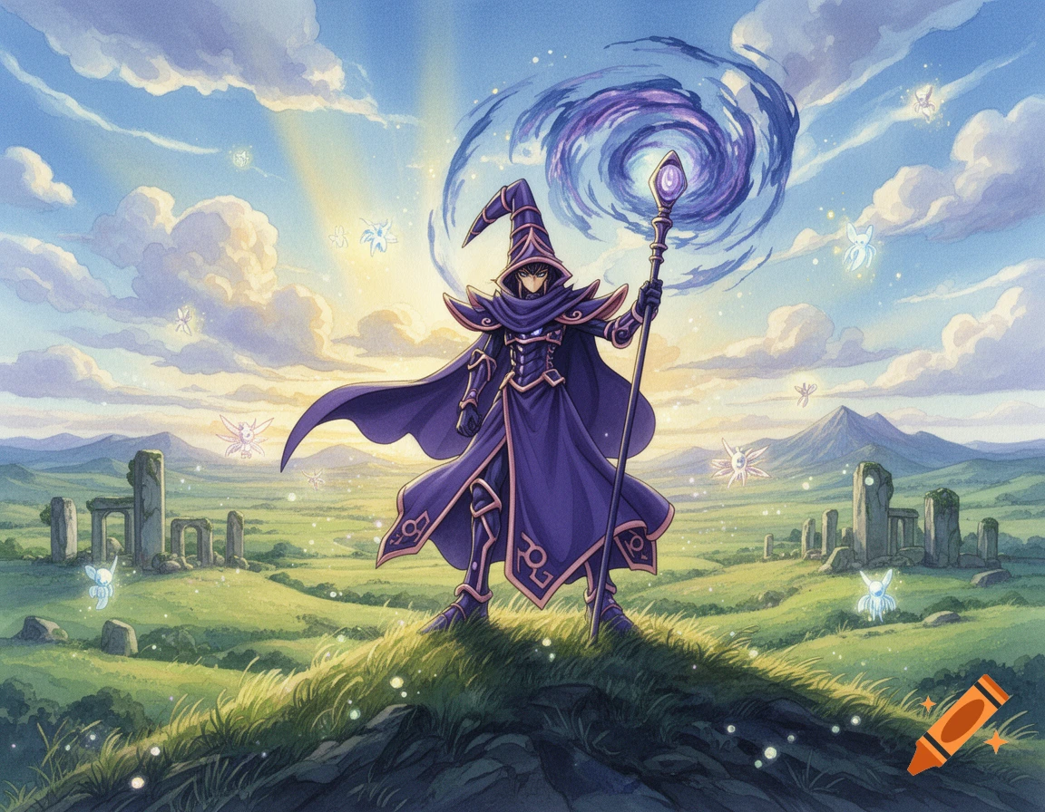 Dark Magician standing on a grassy hill with a staff and purple magic swirl in an anime fantasy art style.