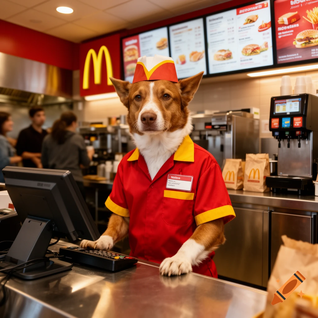 Photorealistic image of a dog dressed as a McDonald's employee working at the cash register.