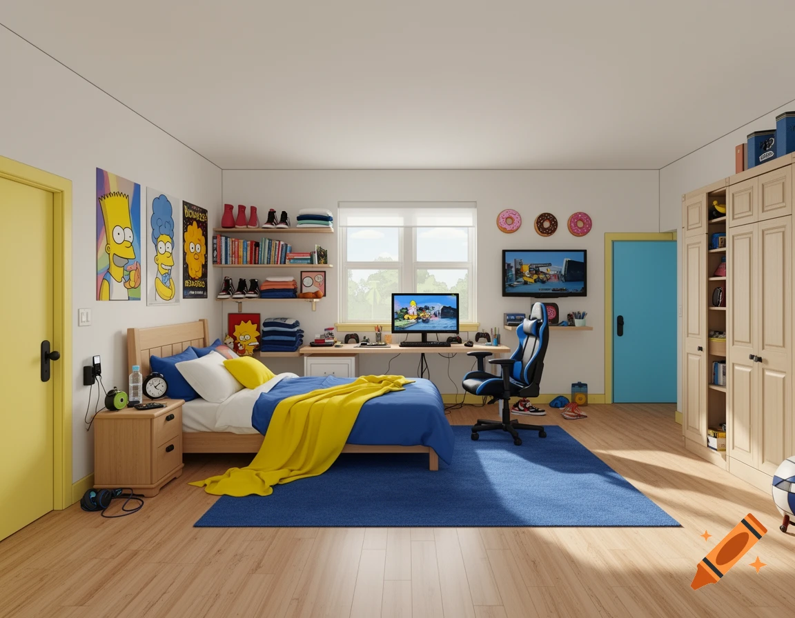 A realistic teenage boy's bedroom with blue and yellow decor, Simpson-themed posters, a desk setup, and a light wood bed.