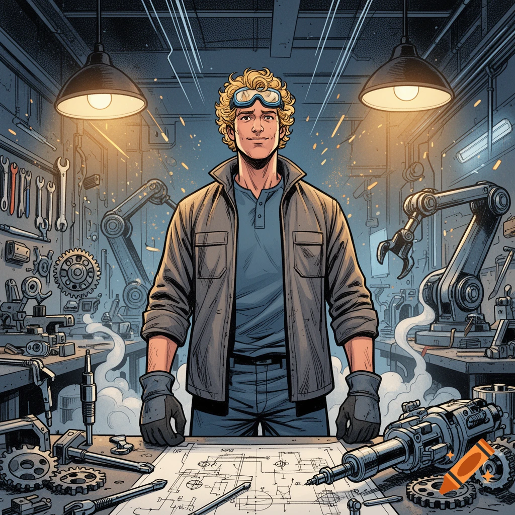 Comic book style illustration of a blonde male mechanical engineer in a workshop with robotic arms and tools.