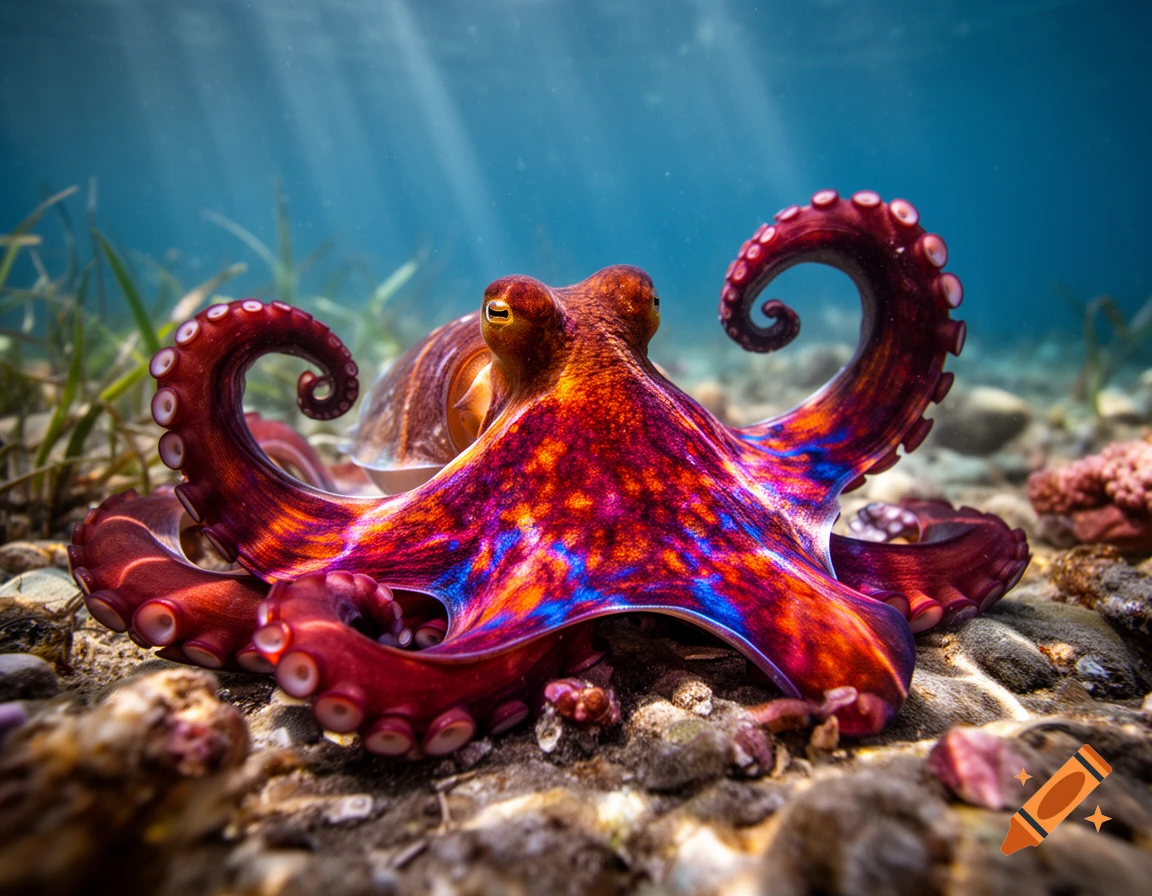 Close-up photorealistic underwater shot of a vibrant red and blue flamboyant cuttlefish resting on a rocky seabed.