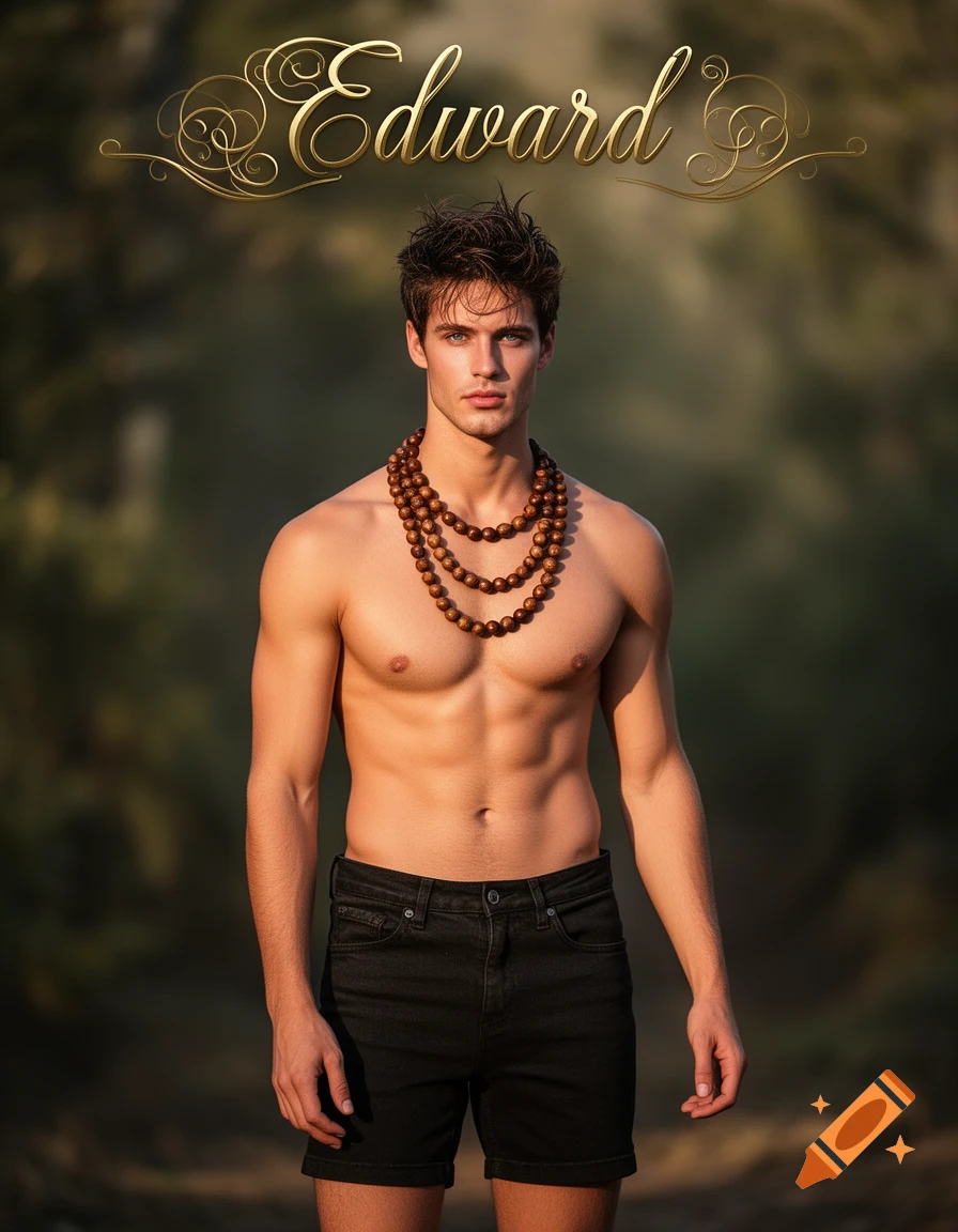 Photorealistic portrait of a young shirtless man with brown beaded necklaces and black shorts, with the name Edward in gold cursive above.