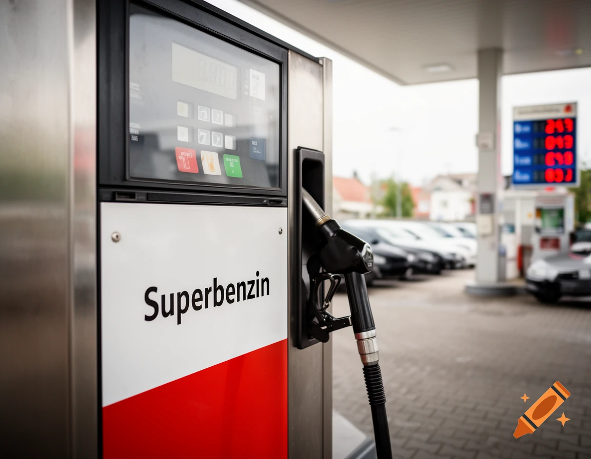 Close-up photorealistic shot of a fuel pump at a gas station with the text Superbenzin visible.