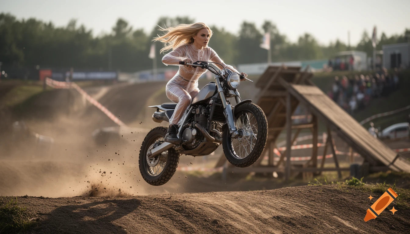 Photorealistic action shot of a blonde woman riding a motorcycle and jumping over a dirt ramp.
