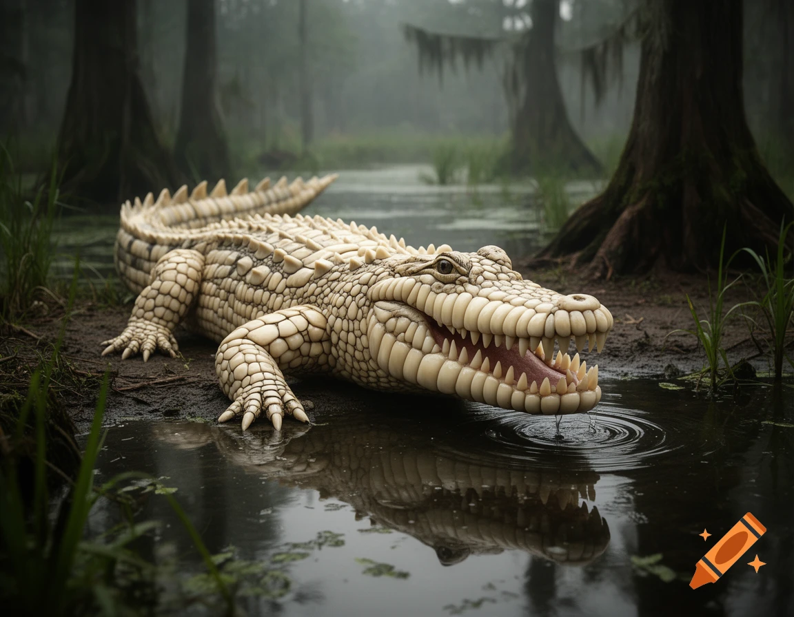 Photorealistic alligator with scales made of human teeth standing near swamp water with cypress trees.