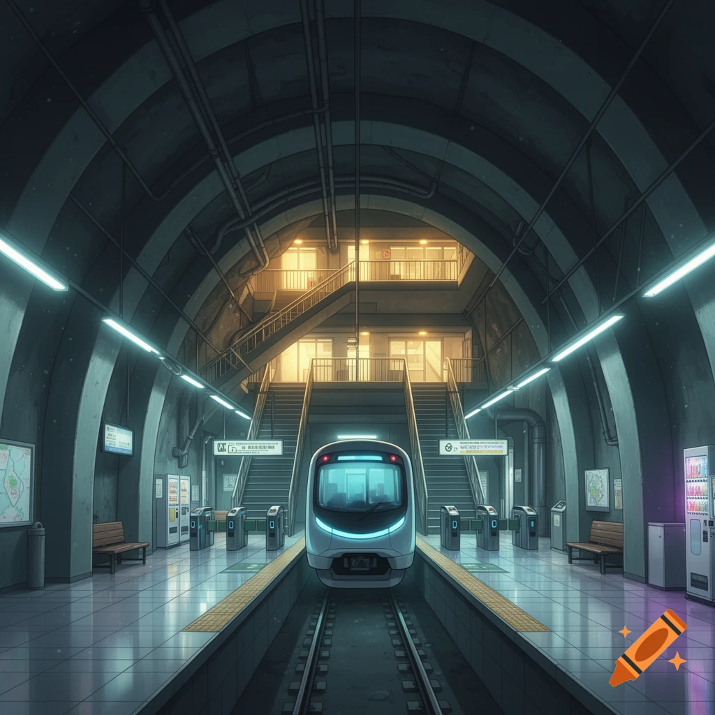 Anime style illustration of an underground train station with a train waiting at the platform and vaulted arched ceiling.