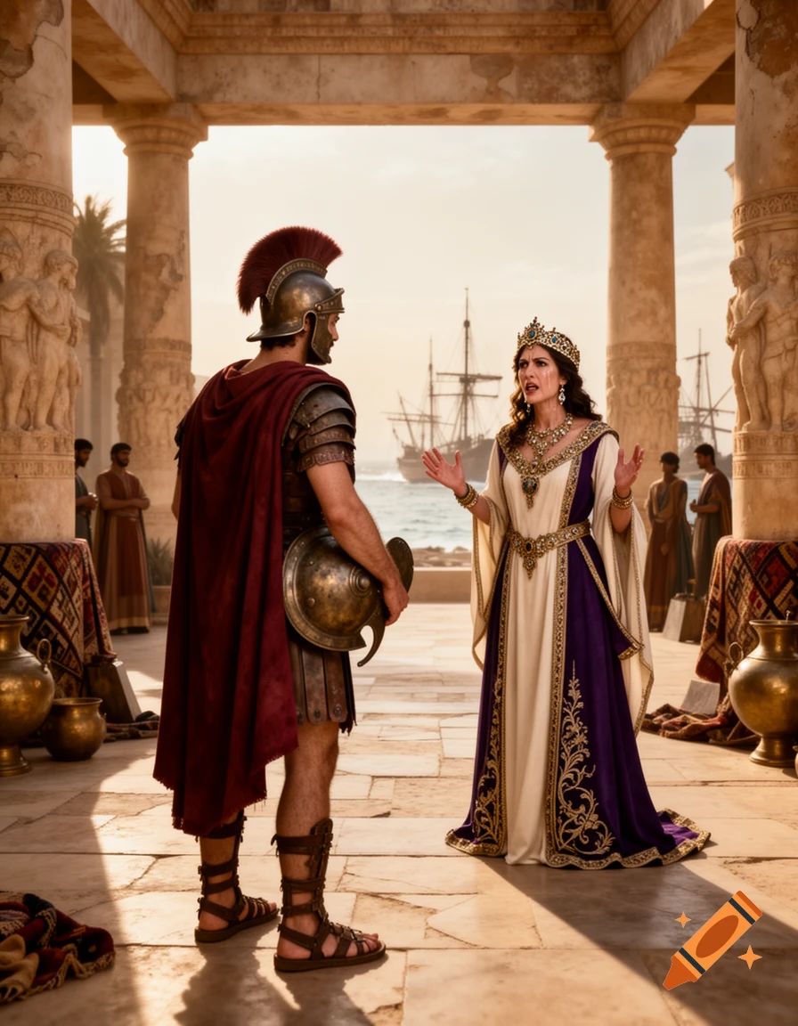 A roman soldier in armor with a red cape standing in a classical portico facing a weeping queen in purple and white robes by the sea.