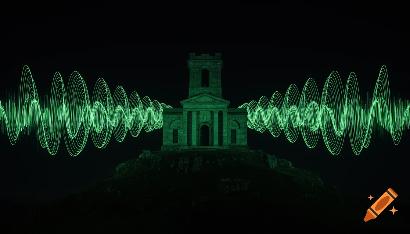 Soloman's Temple silhouetted on a hill at night, flanked by glowing green audio waveforms against a black background.