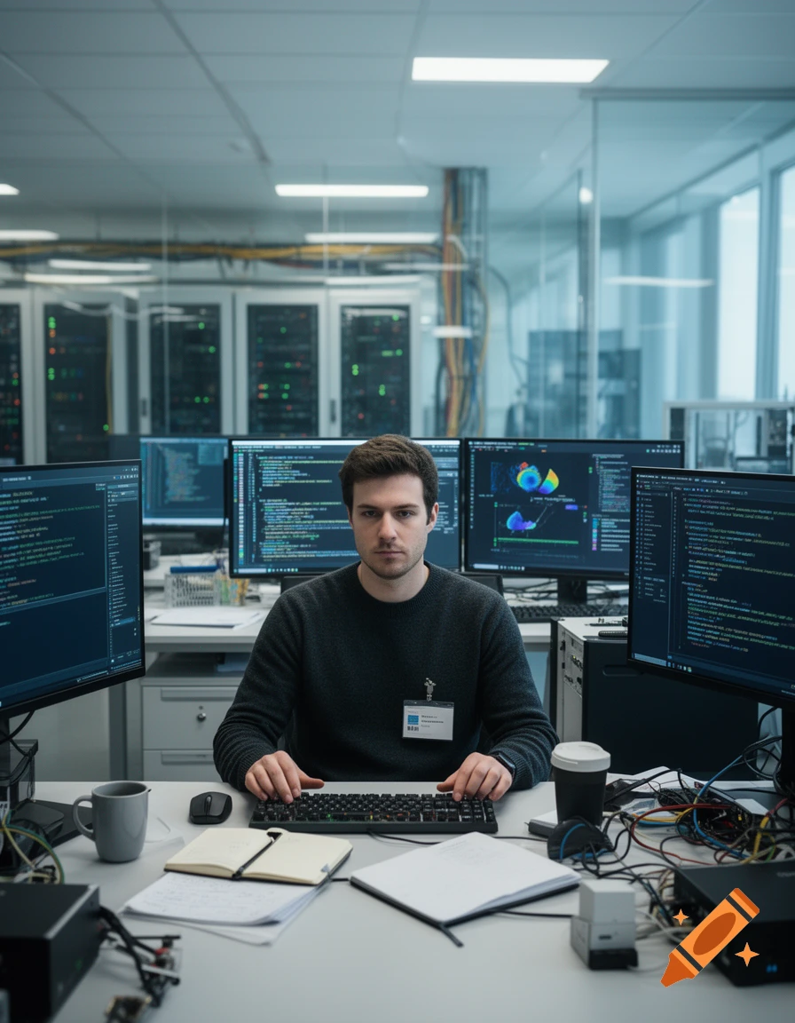 Photorealistic image of a computer scientist sitting at a desk surrounded by multiple monitors displaying code and graphs.