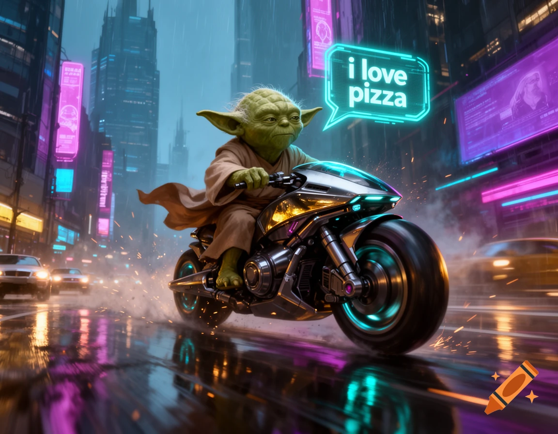 Yoda riding a high-tech motorcycle through a rainy cyberpunk city at night, with a glowing speech bubble saying i love pizza.