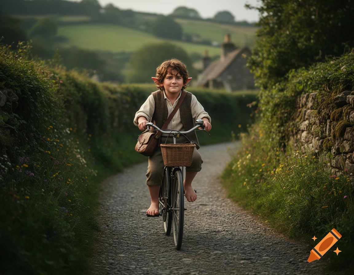 A young hobbit with pointy ears riding a bicycle down a stone pathway between grassy banks and rolling green hills.