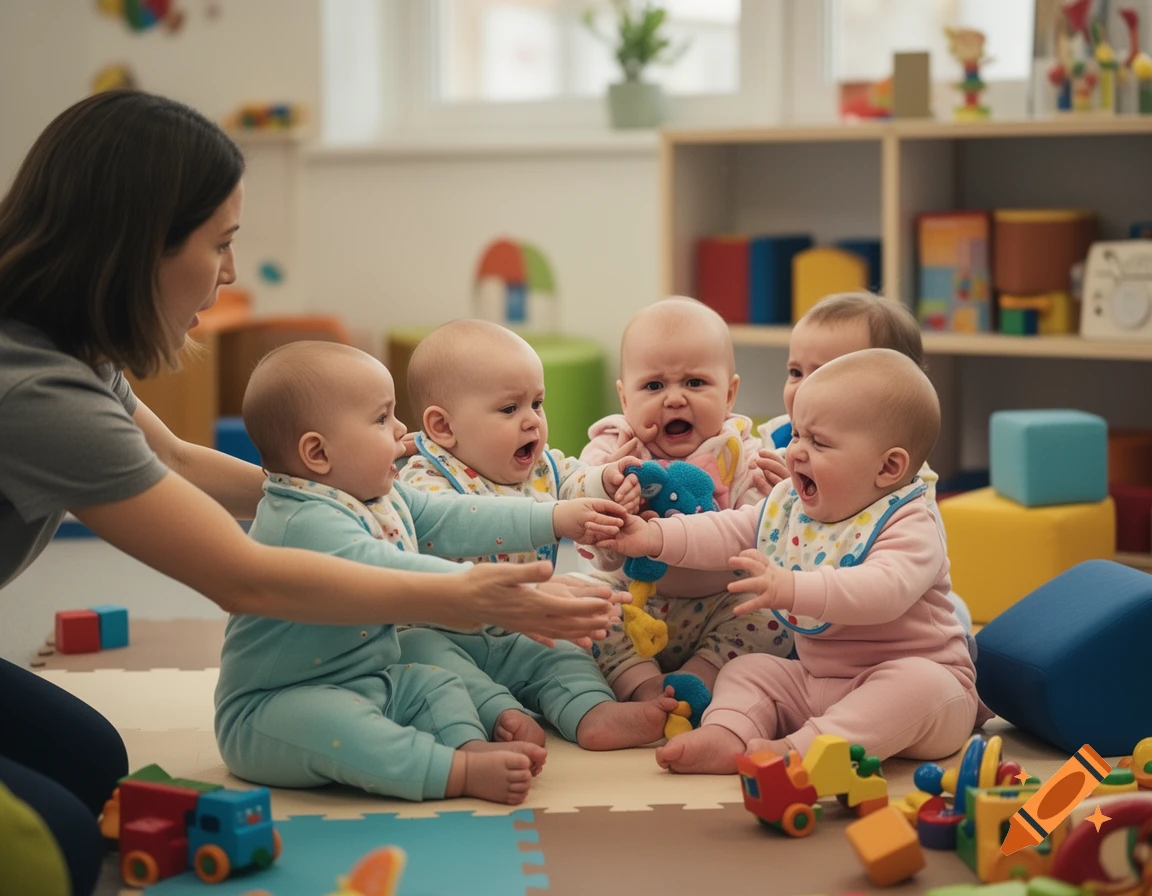 Photorealistic image of a woman supervising a group of babies interacting in a brightly lit daycare room.