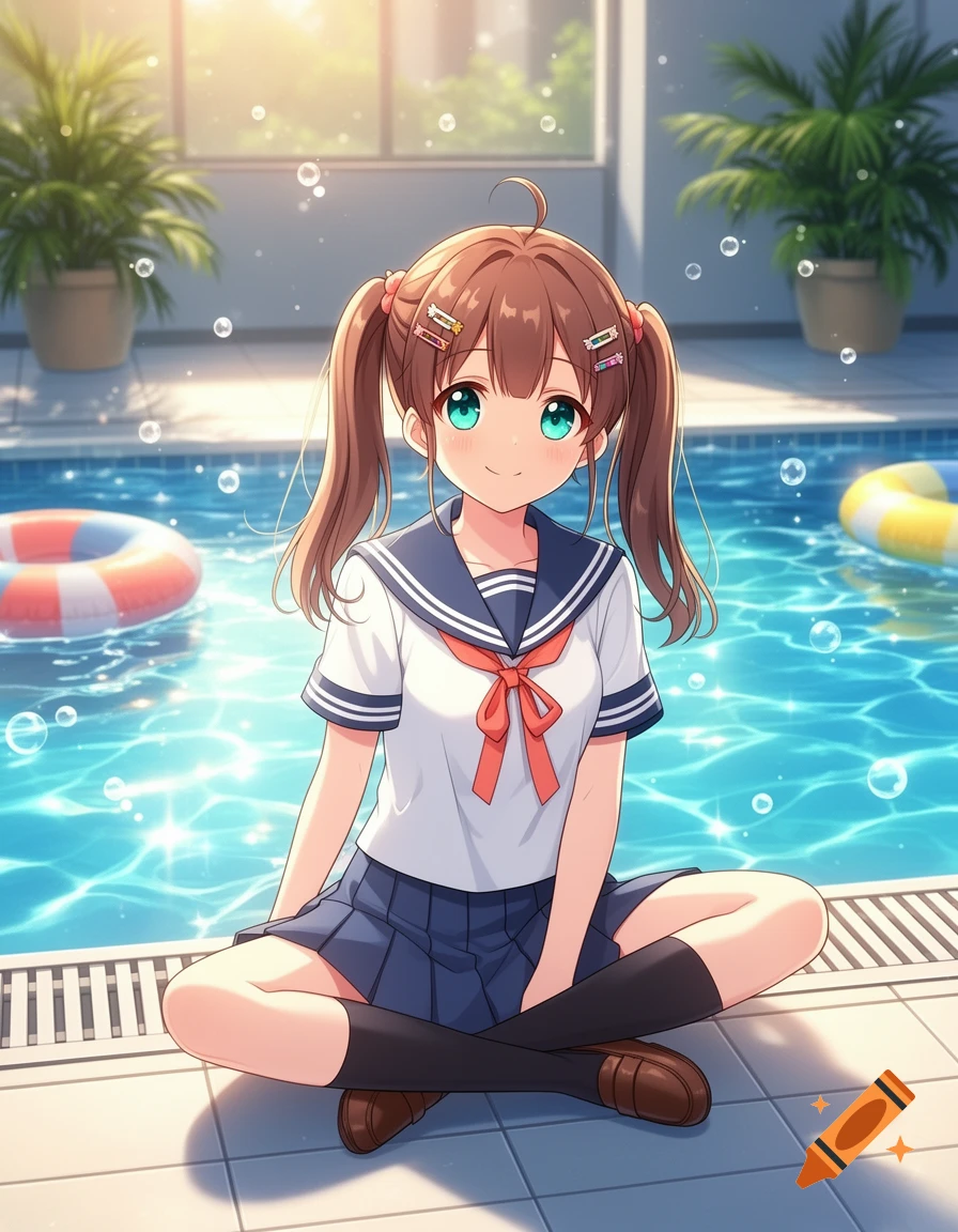 Anime schoolgirl sitting cross-legged by a sunny indoor pool.