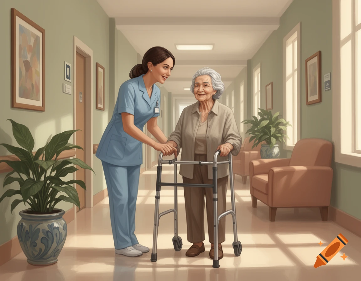 A female nurse assisting an elderly woman with a walker in a nursing home hallway, digital illustration.