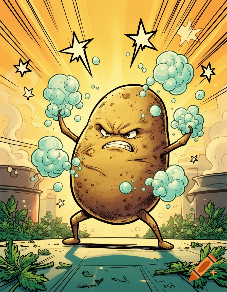 Comic style illustration of a fierce, angry potato flexing with bubbles around it, standing on a surface with herbs.